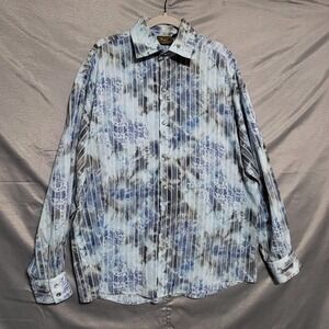 Monzini Collection Shirt Mens XL Blue Abstract Stripe Button Up Long Sleeve
